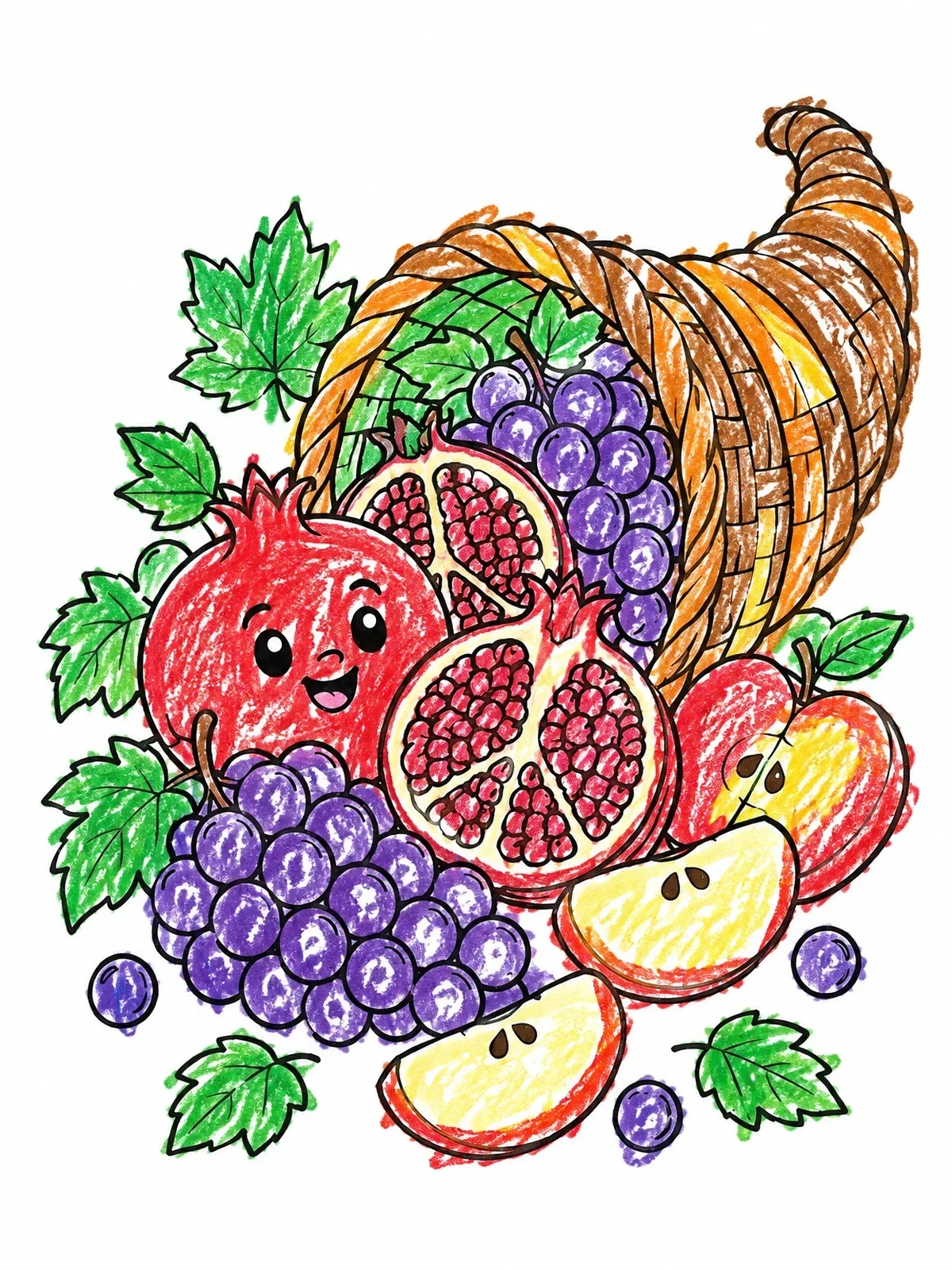 Colored example of the Cute Cornucopia With Pomegranate And Grapes coloring page