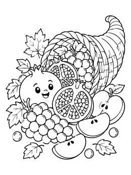 Free printable Cute Cornucopia With Pomegranate And Grapes coloring page