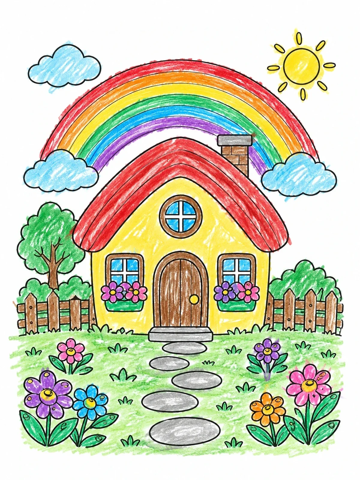 Colored example of the Cute Cottage Under A Rainbow coloring page