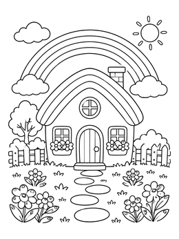 Free printable Cute Cottage Under A Rainbow coloring page