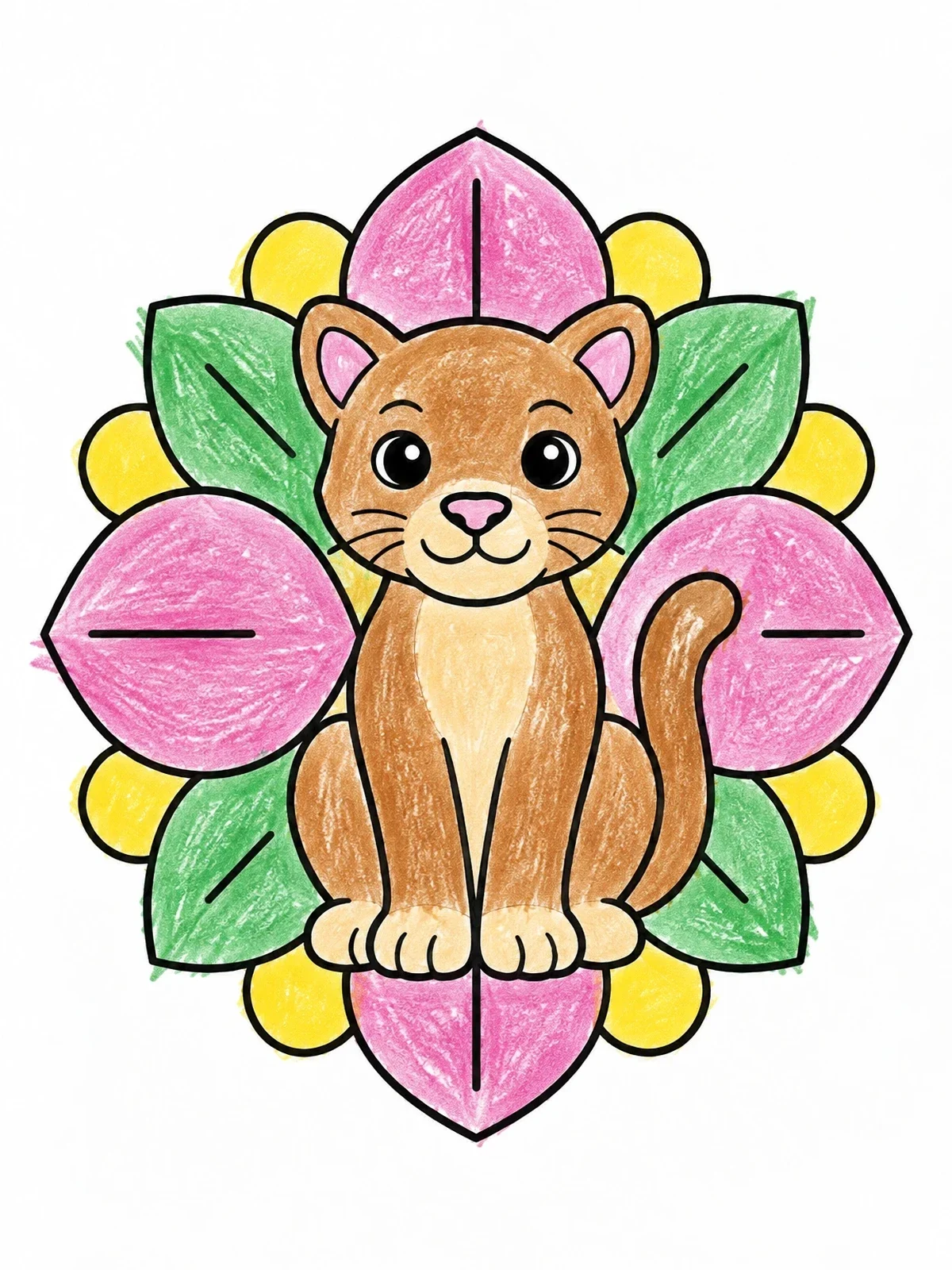 Colored example of the Cute Cougar Cub With Petals coloring page