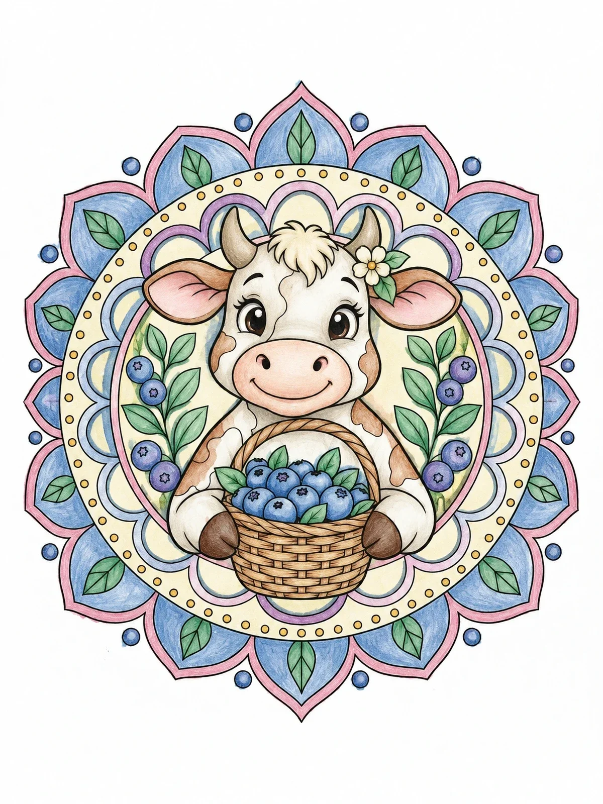 Colored example of the Cute Cow With Blueberry Basket Mandala coloring page