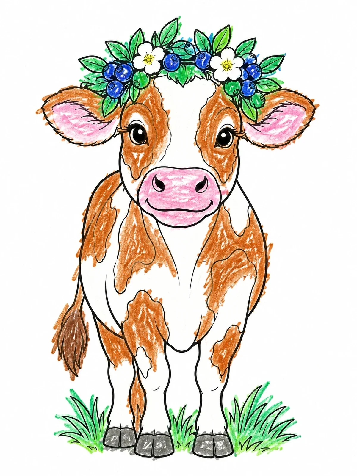 Colored example of the Cute Cow With Blueberry Crown coloring page
