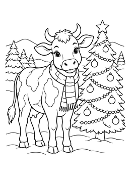 A friendly cow in a scarf stands next to an outdoor tree in this christmas cow coloring page.