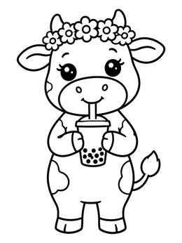 Free printable Cute Cow Drinking Boba Tea coloring page