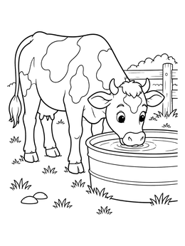 Free printable Cute Cow Drinking At Water Trough coloring page