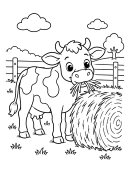 Free printable Cute Cow Eating Hay Bale coloring page