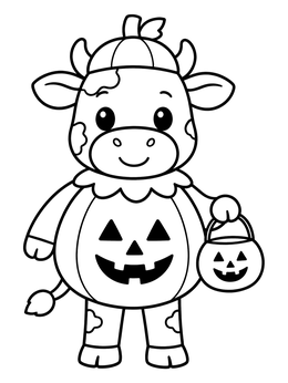 A cute cow coloring page showing a calf in a pumpkin Halloween costume holding a candy bucket.