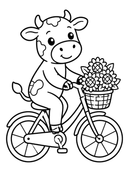 A cheerful cartoon cow riding a bicycle with a basket of sunflowers on this cow coloring page.