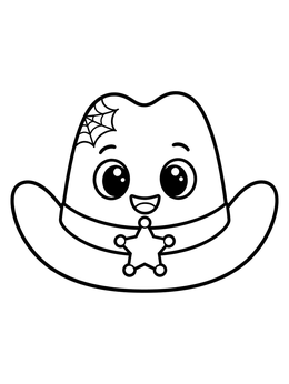 A cheerful cartoon cowboy hat coloring page with a sheriff star badge and spiderweb motif.