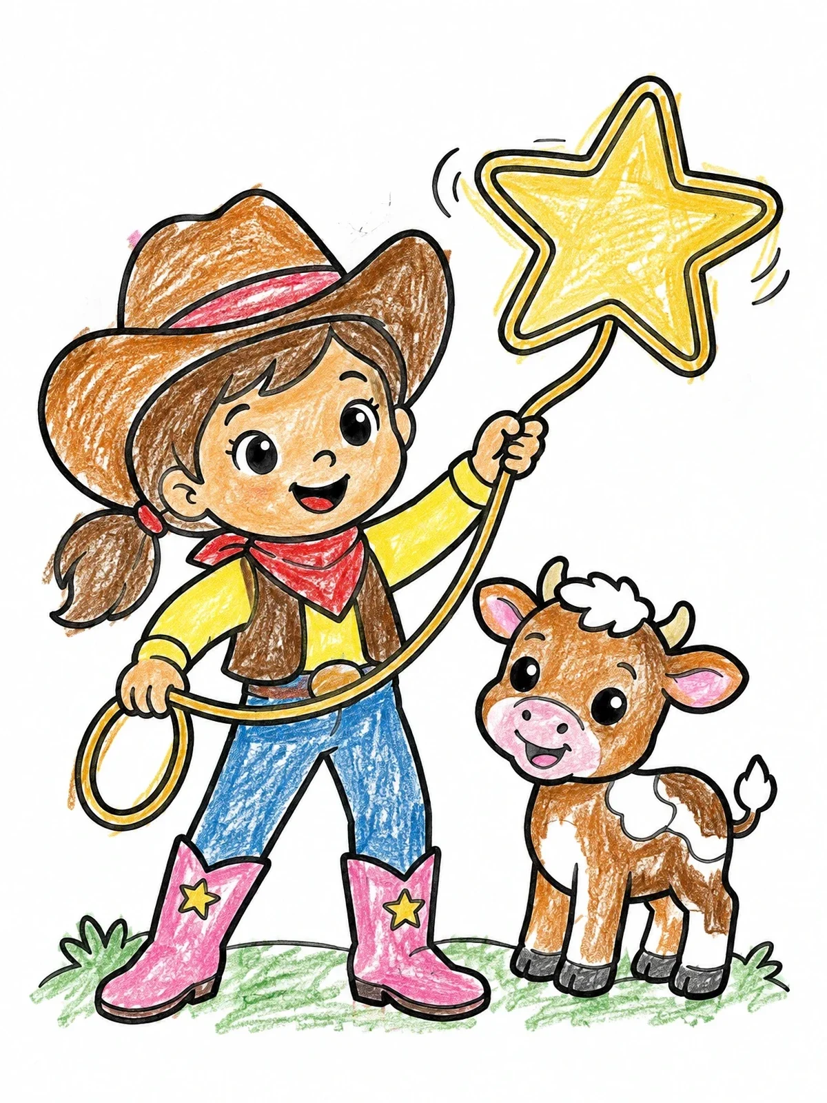 Colored example of the Cute Cowgirl With Star Lasso And Calf coloring page