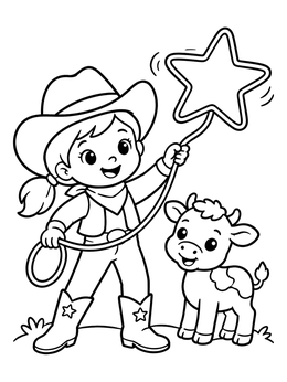 Free printable Cute Cowgirl With Star Lasso And Calf coloring page