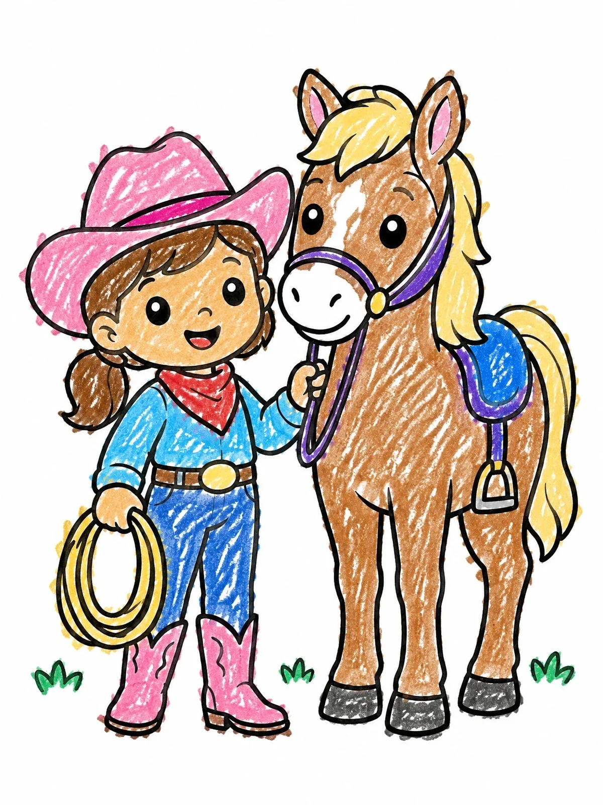 Colored example of the Cute Cowgirl With Pony And Lasso coloring page