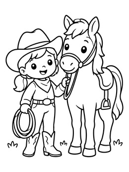 Free printable Cute Cowgirl With Pony And Lasso coloring page