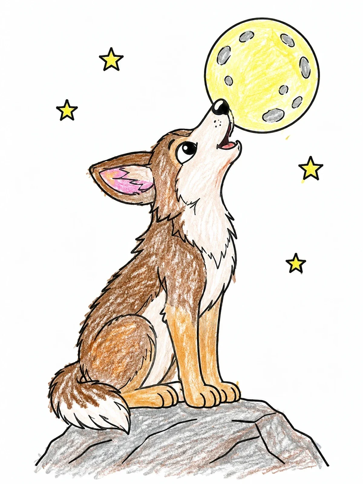 Colored example of the Cute Coyote Howling At The Moon coloring page