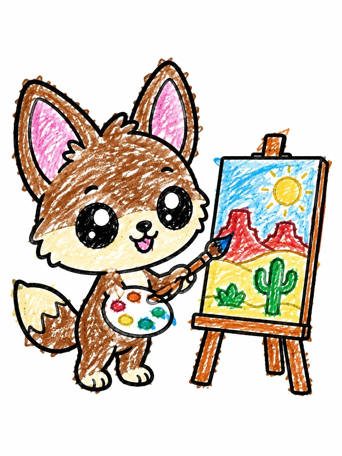 Colored example of the Cute Coyote Painting A Desert Landscape coloring page