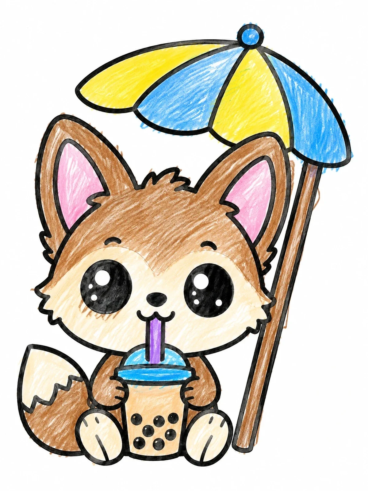 Colored example of the Cute Coyote Pup Drinking Boba Tea coloring page
