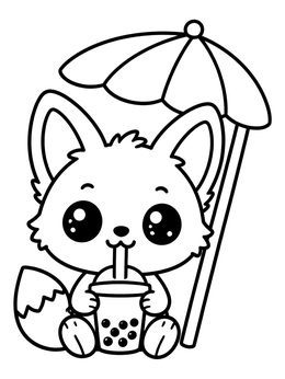 Free printable Cute Coyote Pup Drinking Boba Tea coloring page