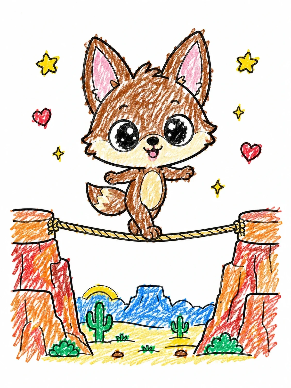Colored example of the Cute Coyote Tightrope Walking coloring page