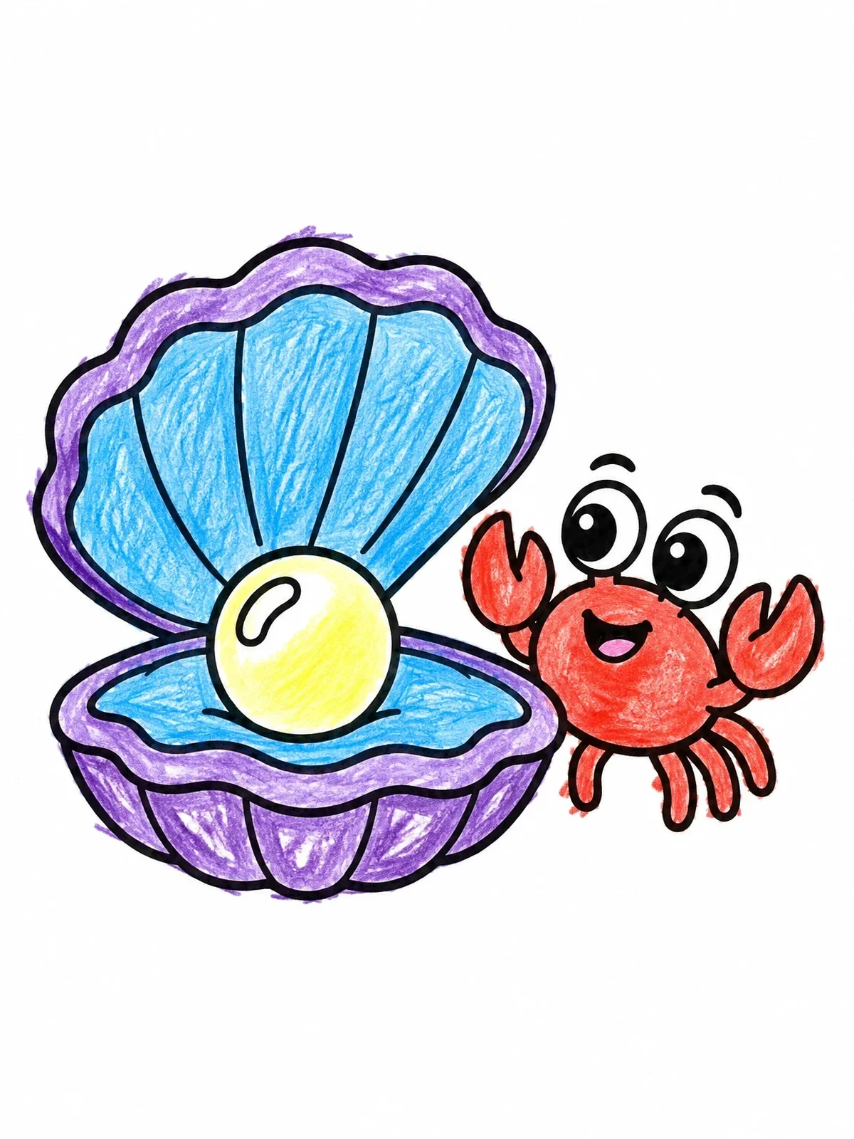 Colored example of the Cute Crab And Pearl Clam coloring page