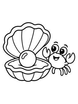 A cheerful clam coloring page with a smiling crab next to an open shell containing a pearl.