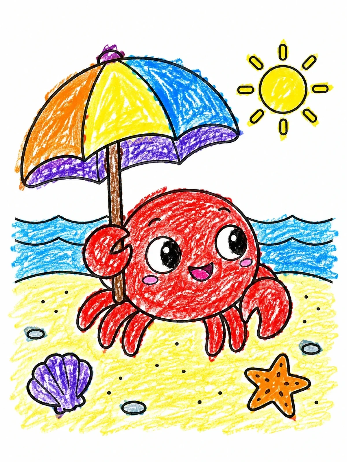 Colored example of the Cute Crab With Beach Parasol coloring page