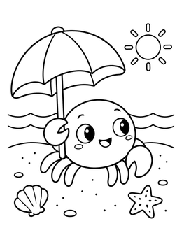 A summer kawaii coloring page featuring a happy little crab holding a beach umbrella on the sand.