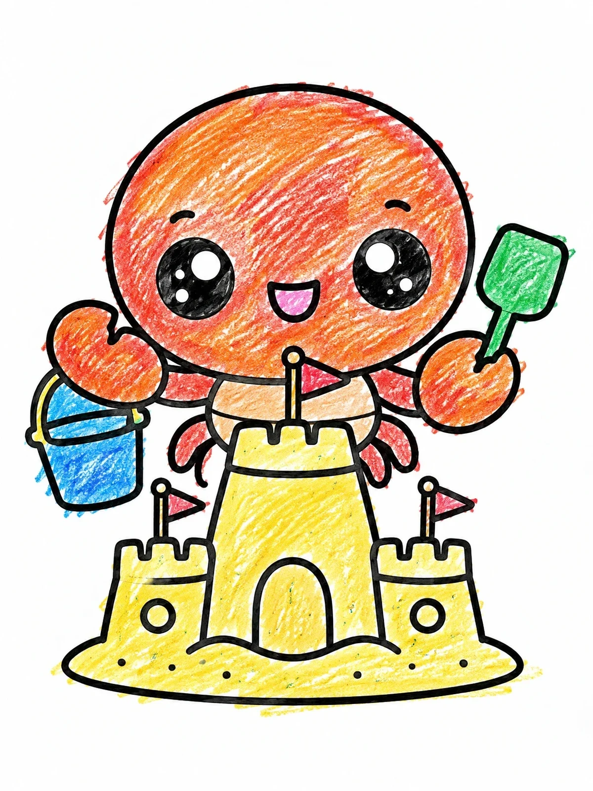 Colored example of the Cute Crab Building A Sandcastle coloring page