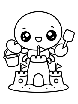 A crab coloring page showing a happy little crab building a sandcastle with a bucket and spade.