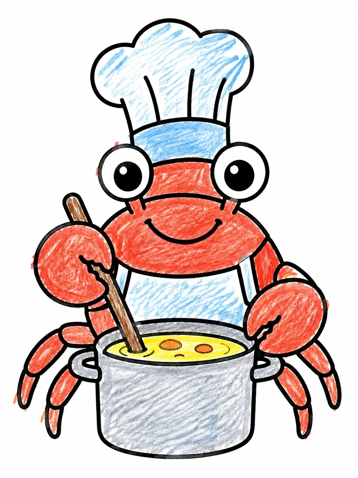Colored example of the Cute Crab Chef Stirring Soup coloring page