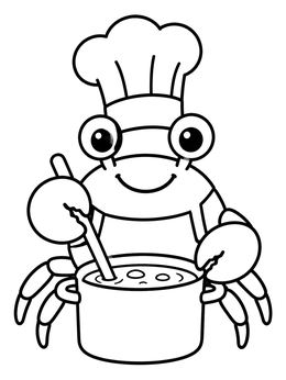 A crab coloring page showing a cute chef crab stirring a soup pot with a spoon.