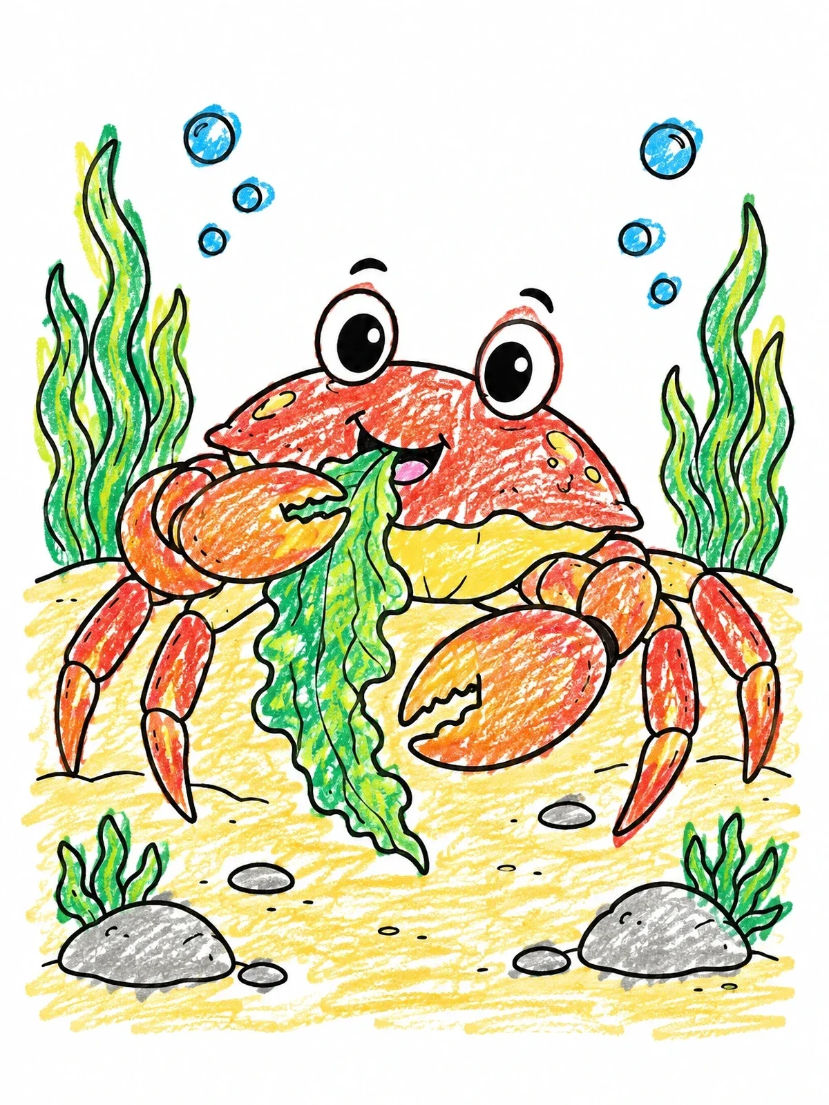 Colored example of the Cute Crab Eating Seaweed Underwater coloring page