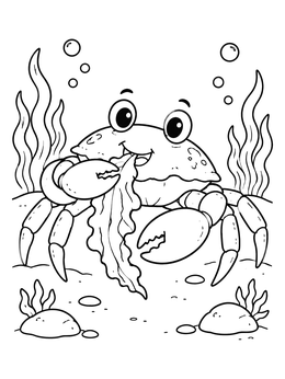 A cheerful cartoon crab eating seaweed underwater on this fun crab coloring page.
