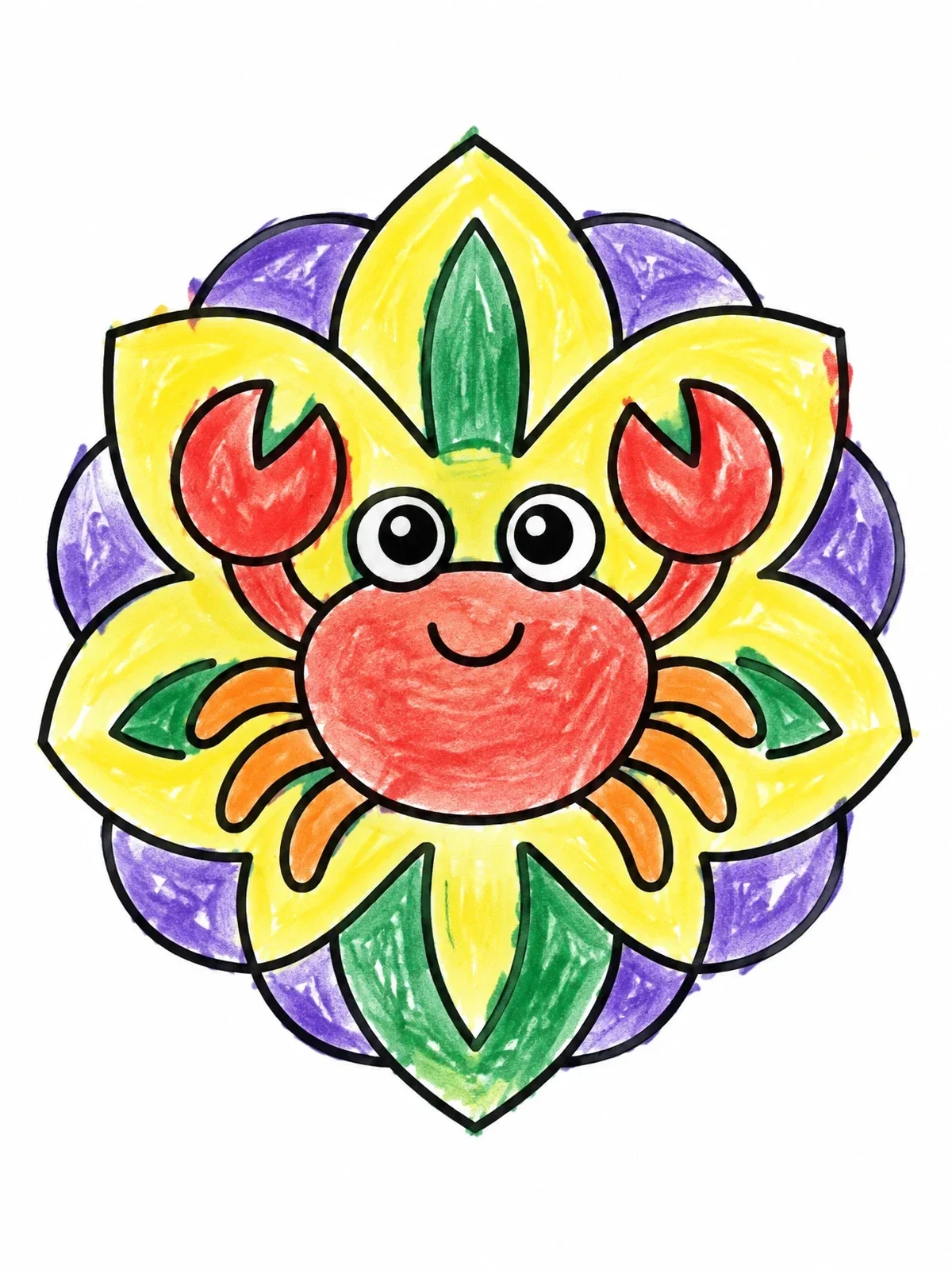 Colored example of the Cute Crab And Flower Mandala coloring page