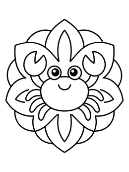 A cute crab coloring page set against a simple flower petal mandala pattern.