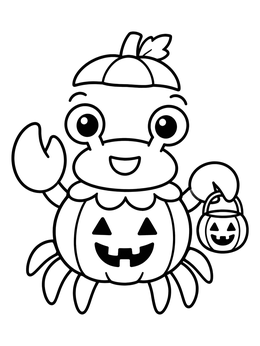 A cheerful crab coloring page featuring a pumpkin costume and candy bucket.