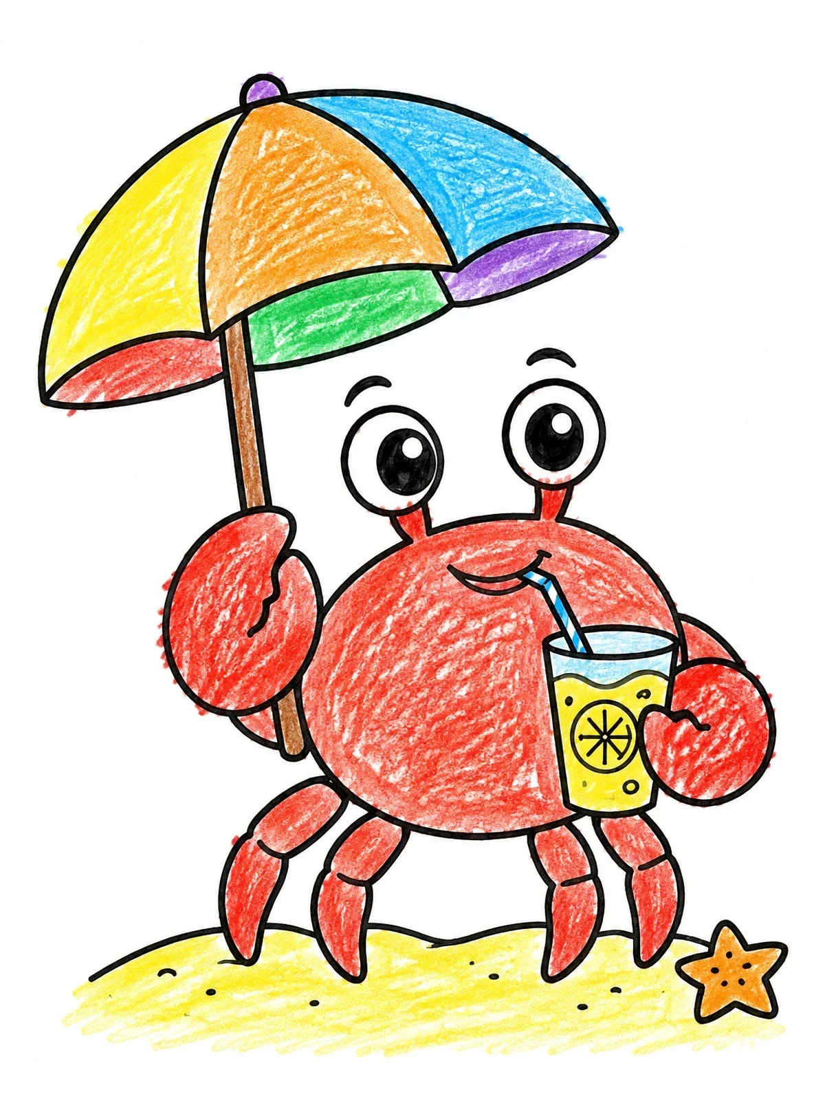 Colored example of the Cute Crab With Umbrella And Lemonade coloring page