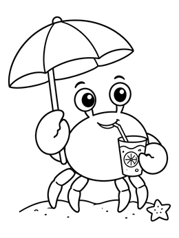 A crab coloring page showing a happy cartoon crab with an umbrella drinking lemonade.
