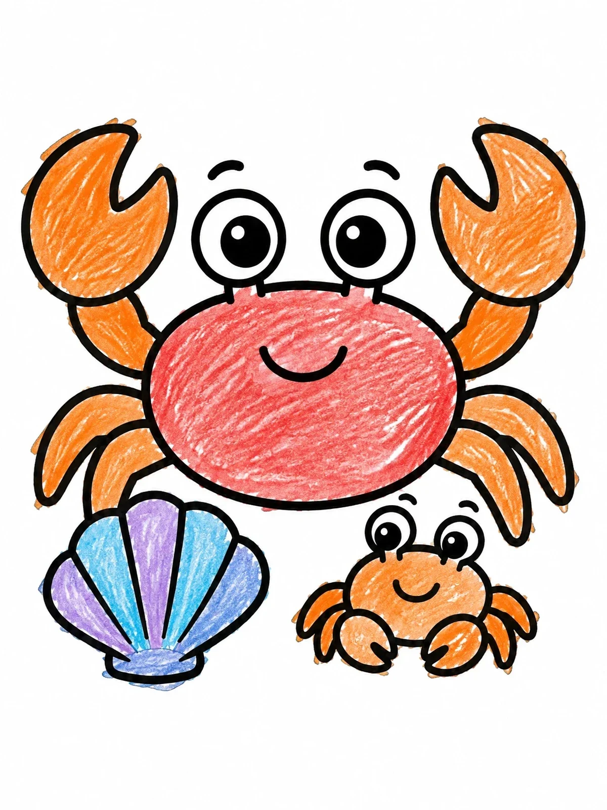 Colored example of the Cute Crabs And Seashell coloring page