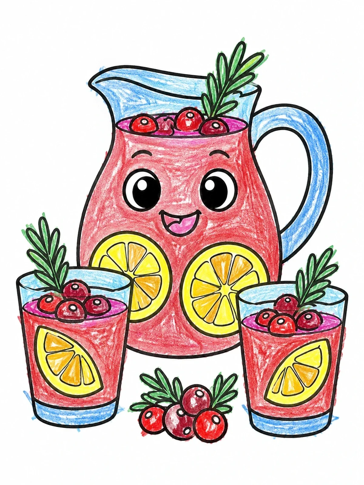 Colored example of the Cute Cranberry Lemonade Pitcher And Glasses coloring page
