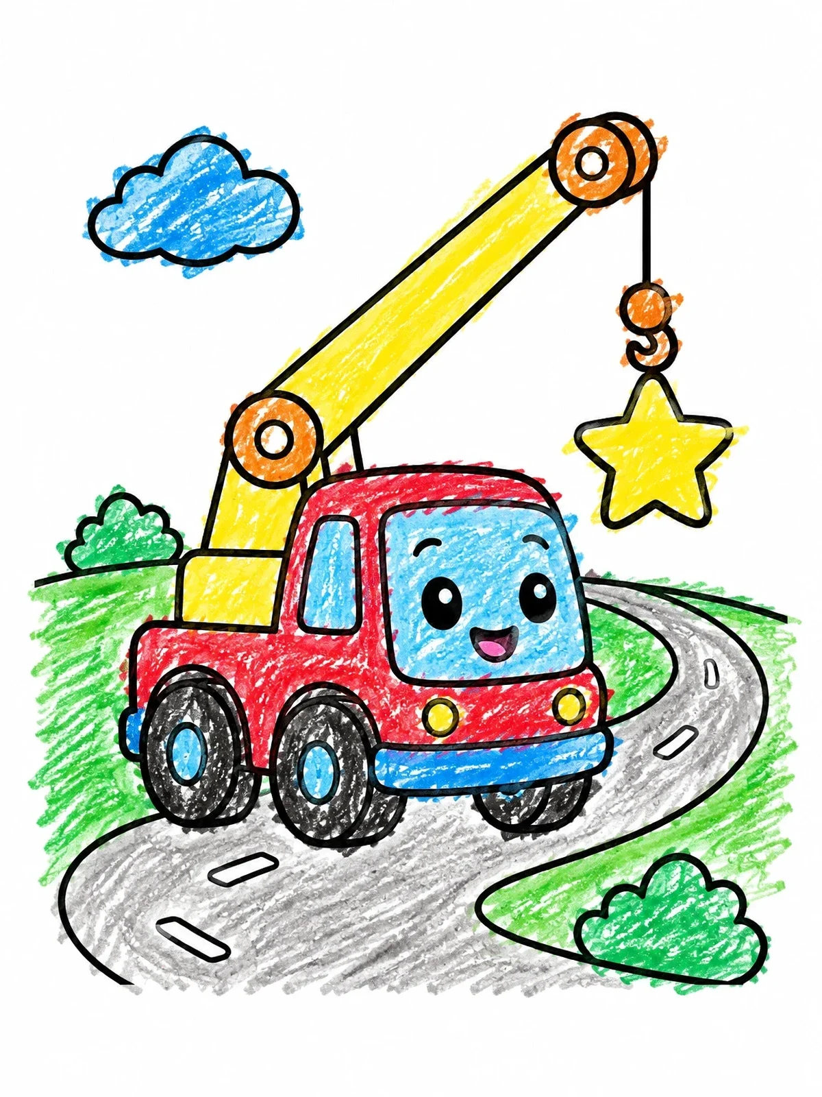 Colored example of the Cute Crane Truck Holding A Star coloring page