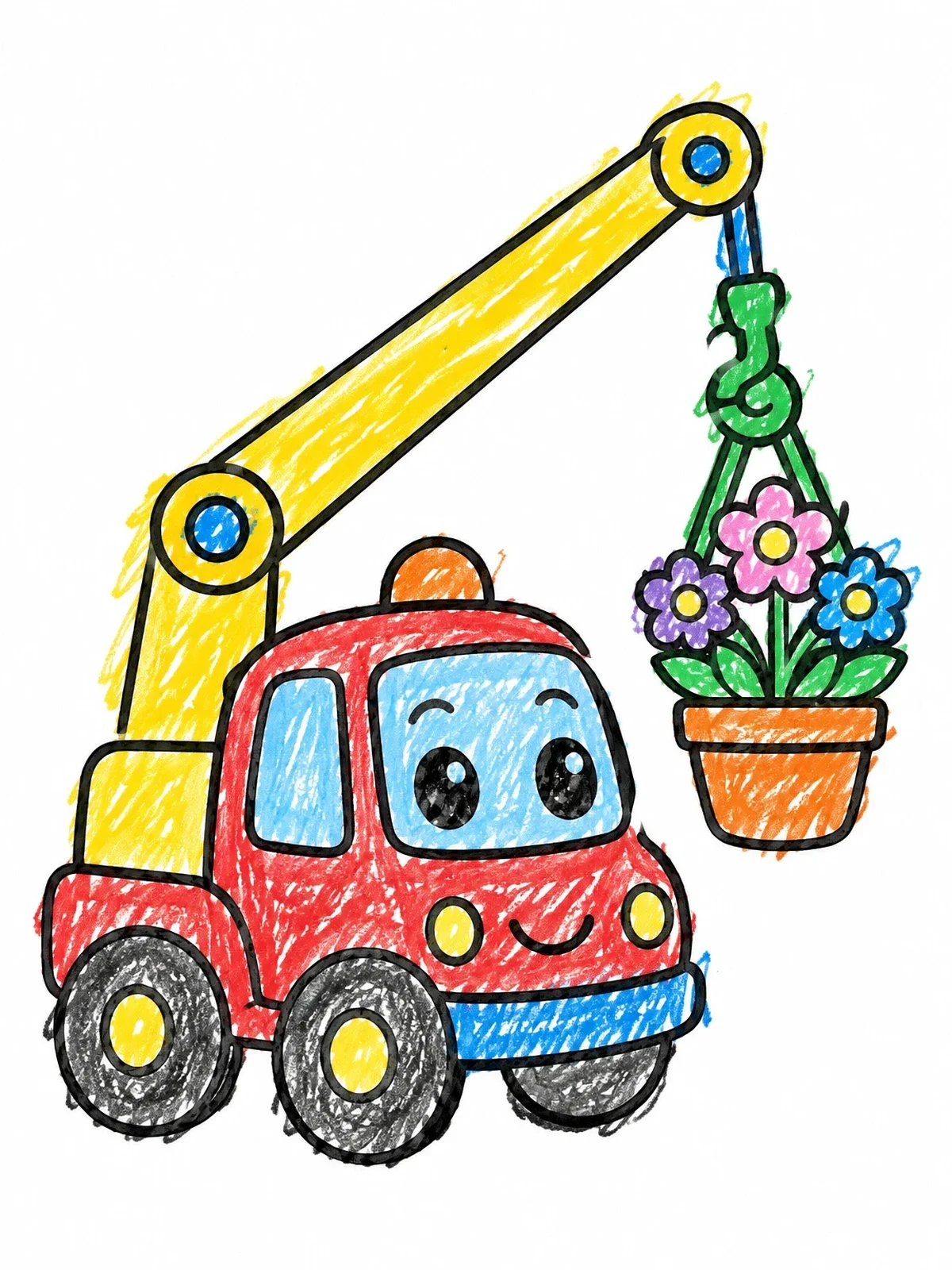 Colored example of the Cute Crane Truck Lifting Flowers coloring page