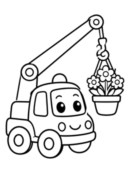 Free printable Cute Crane Truck Lifting Flowers coloring page