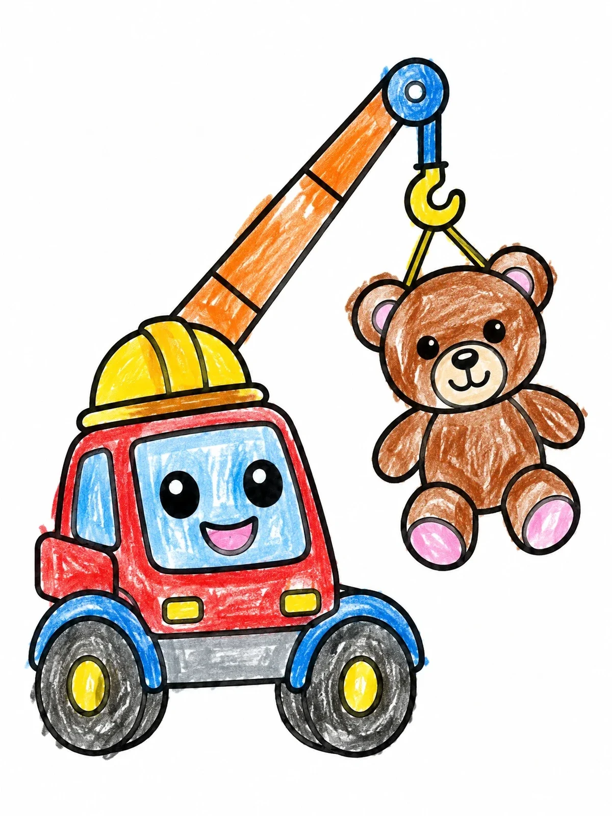 Colored example of the Cute Crane Truck Lifting Teddy Bear coloring page