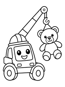 Free printable Cute Crane Truck Lifting Teddy Bear coloring page