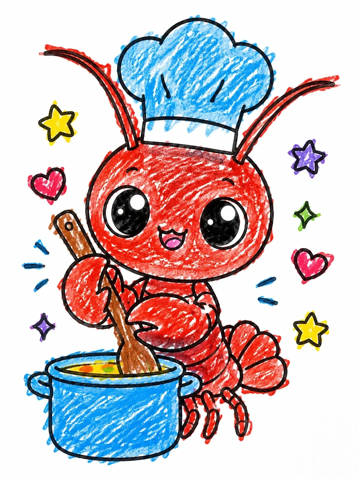 Colored example of the Cute Crawfish Chef Cooking In Pot coloring page