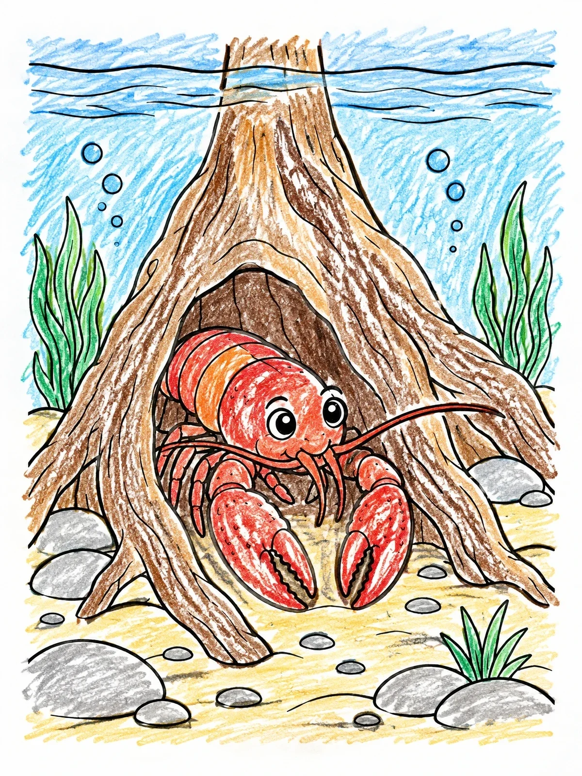 Colored example of the Cute Crawfish Under Tree Roots coloring page