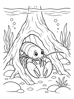 Free printable Cute Crawfish Under Tree Roots coloring page