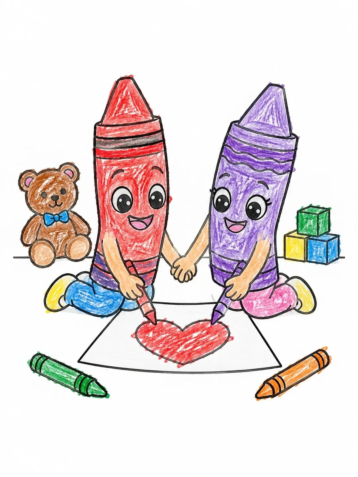 Colored example of the Cute Crayons Drawing A Heart Together coloring page