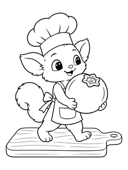 A chef coloring page showing a cute little creature carrying a giant blueberry on a cutting board.